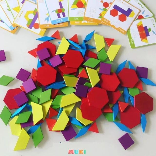 BỘ ĐỒ CHƠI - PATTERN BLOCK - GỖ MỊN ĐẸP (130 MIẾNG GỖ + 24 THẺ)