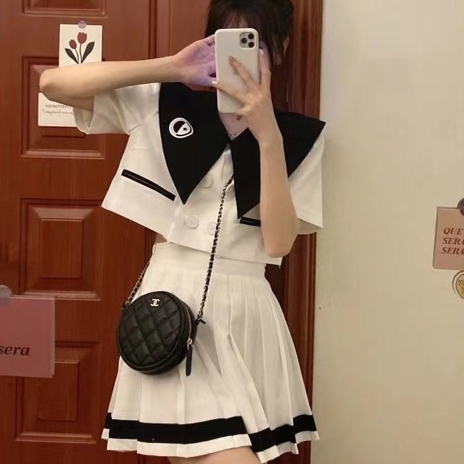 Bộ Áo Khoác Cổ Thủy Thủ Màu Sắc Tương Phản + Chân Váy Xếp Ly Lưng Cao Dáng Ôm Xinh Xắn Cho Nữ