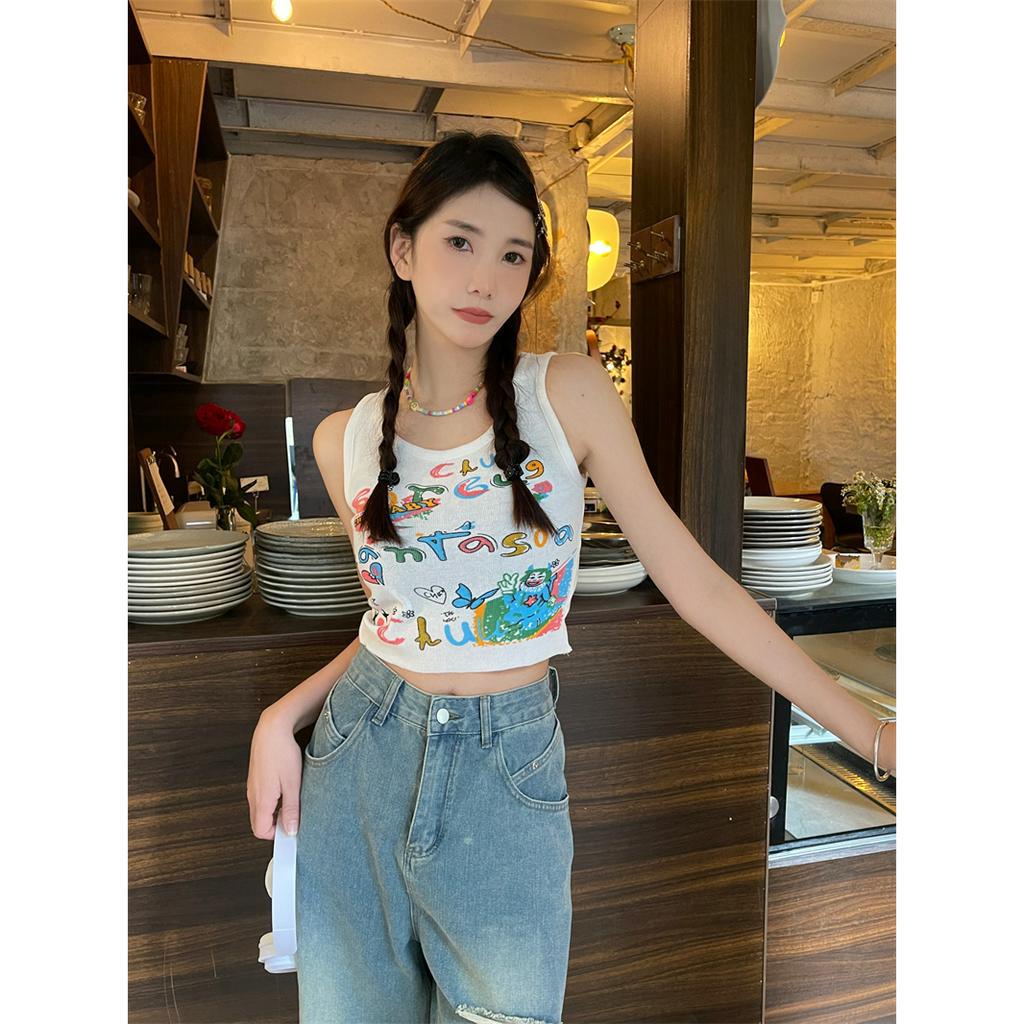 Áo Croptop Dệt Kim Cổ Tròn In Họa Tiết Phong Cách Retro Mỹ Cho Nữ