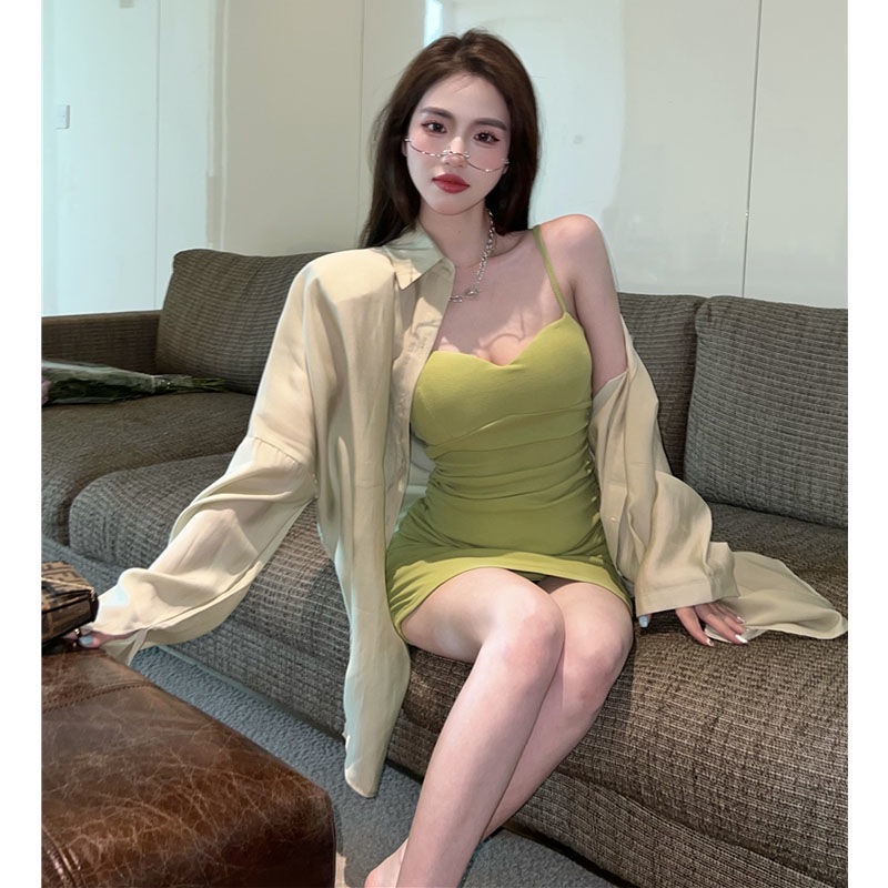 Set Đầm Hai Dây Màu Xanh Lá Phong Cách Hồng Kông Thời Trang Mùa Hè Cao Cấp Dành Cho Bạn Nữ