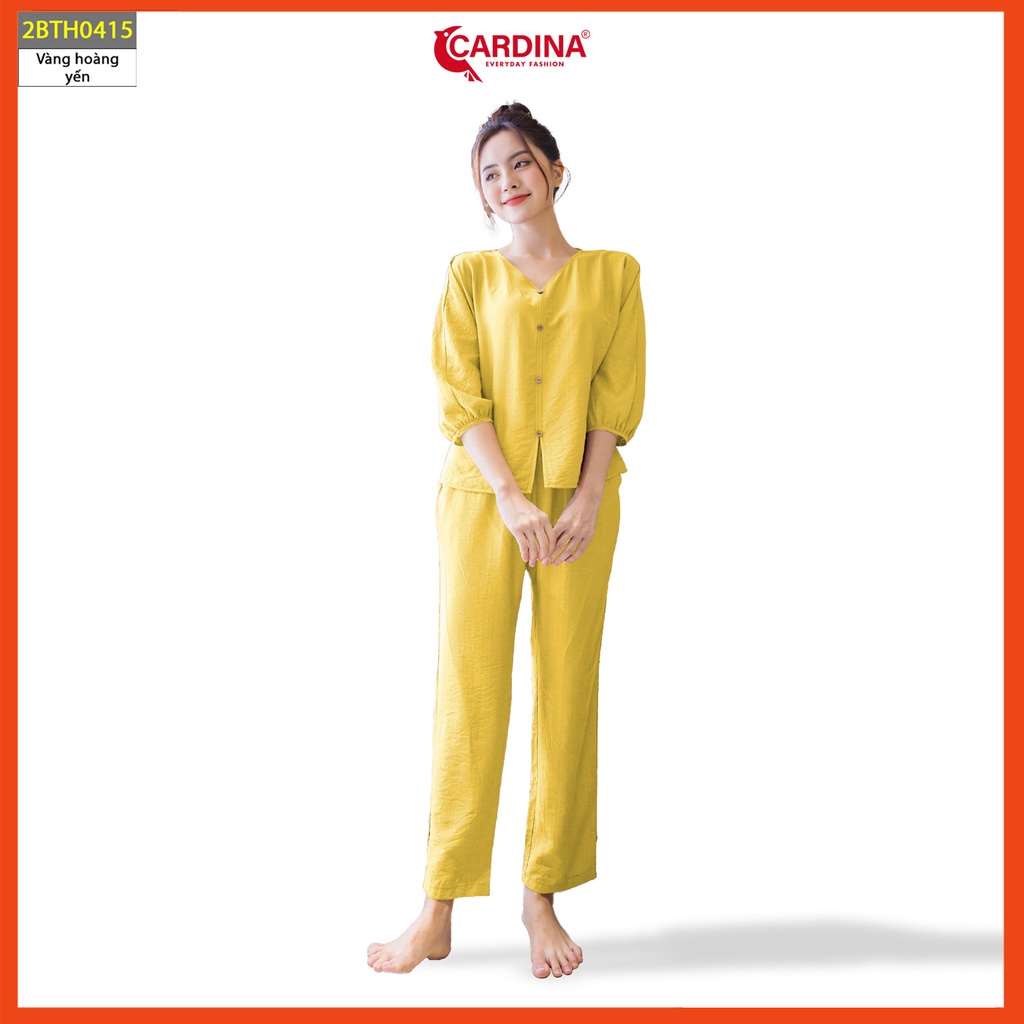 Đồ bộ nữ CARDINA chất thô trơn nhật cao cấp áo cổ tim tay lỡ phồng quần dài thanh lịch nhẹ nhàng 2BTH04