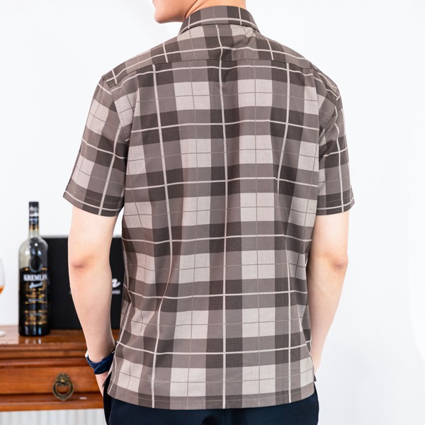 Áo Sơ Mi Nam Công sở Trung Niên Anton Somianton Màu Nâu Kẻ Caro Ngắn Tay Sợi Tre Thấm Hút - NC135