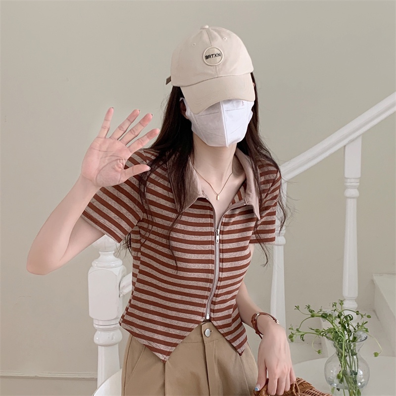 Áo thun polo dệt kim ZHELIHANGFEI họa tiết kẻ sọc thiết kế lệch tà thời trang cá tính cho nữ