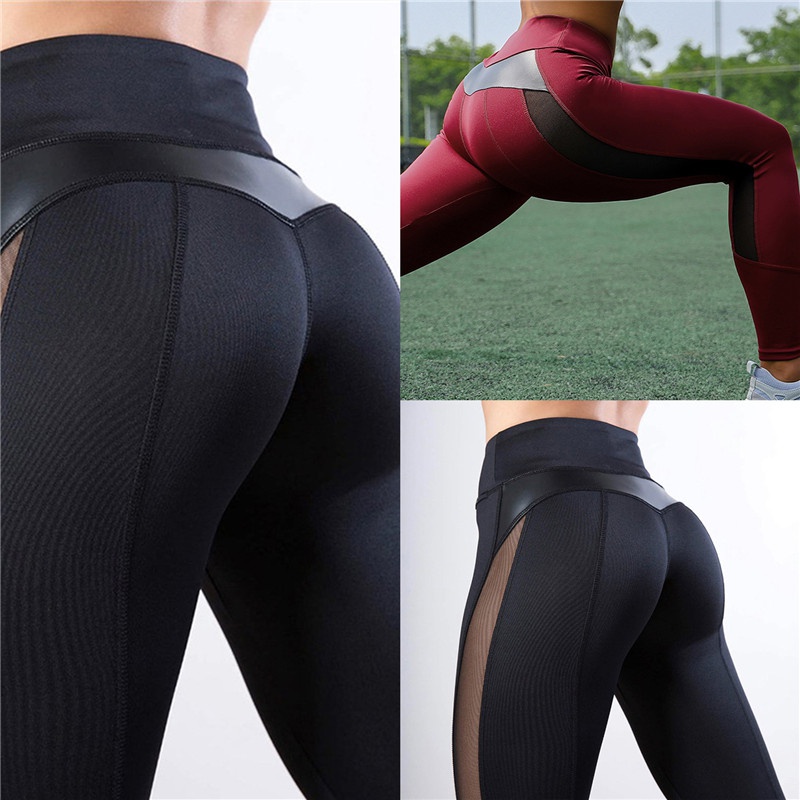 Quần Legging Thể Thao Bằng Da Phối Lưới Thời Trang Cho Nữ