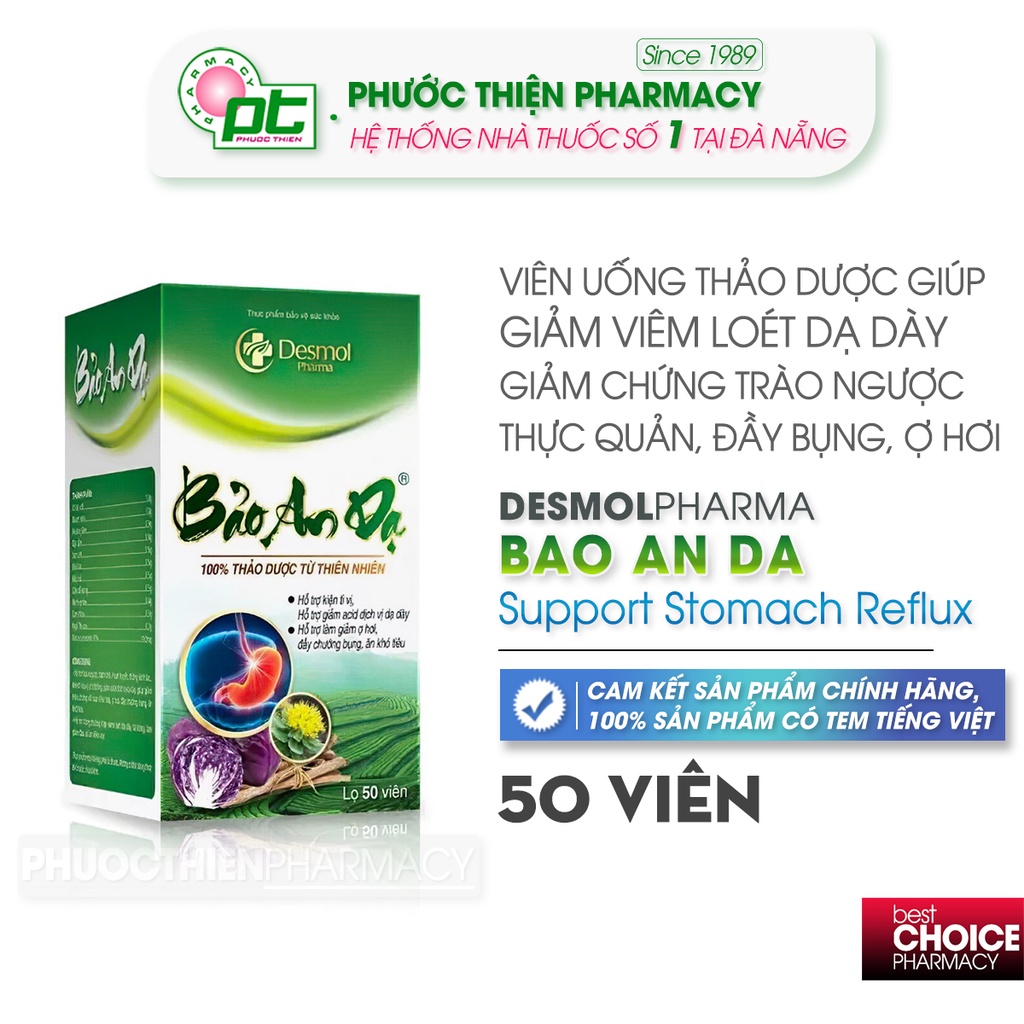 Viên uống hỗ trợ giảm trào ngược dạ dày và viêm loét dạ dày tá tràng Desmol BẢO AN DẠ lọ 50 viên - phuocthien
