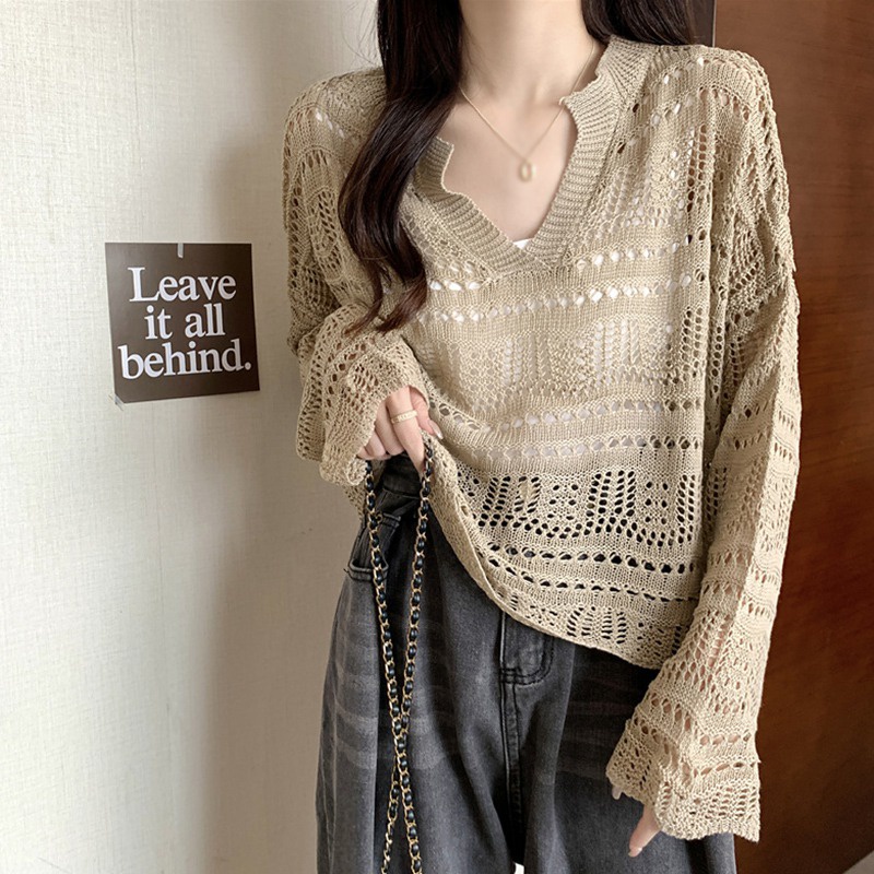 Áo Len Tay Dài Cổ Chữ V Màu Sắc Đơn Giản