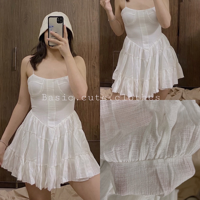 Váy đầm hai dây trắng trơn dáng ngắn xoè sexy quyến rũ kèm ảnh thật SẴN
