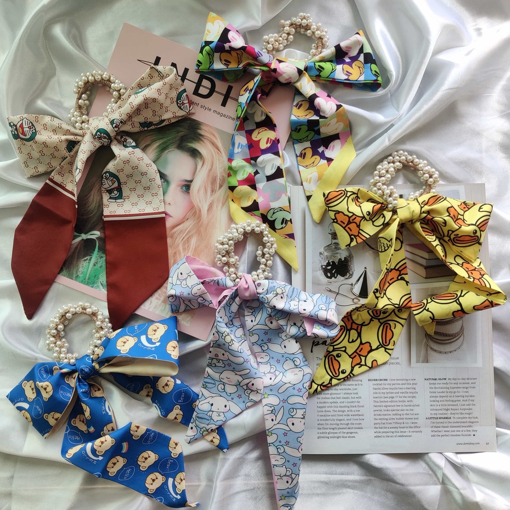 Dây buộc tóc ruy băng co giãn đính ngọc trai phong cách Hàn Quốc 2021 cho nữ