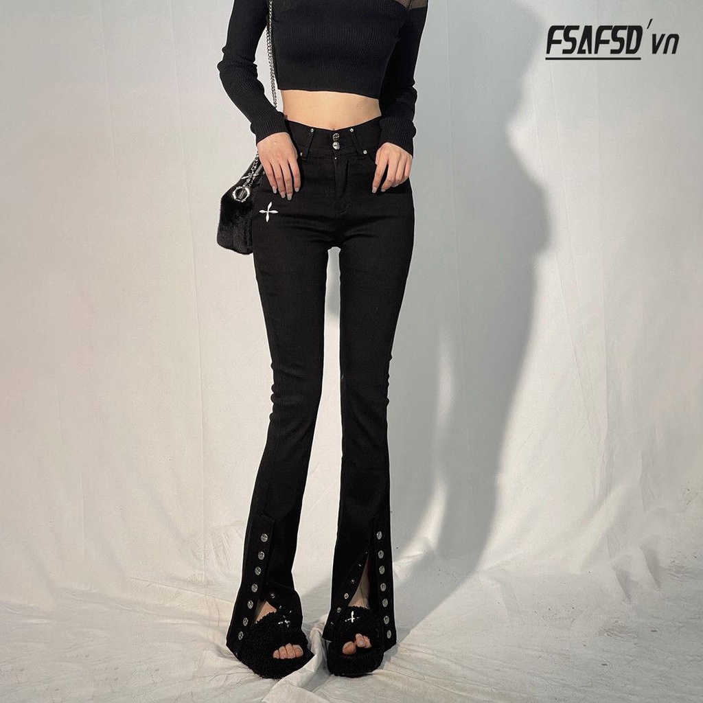 Quần Jeans Nữ Ống Loe Xẻ Tà Thời Trang
