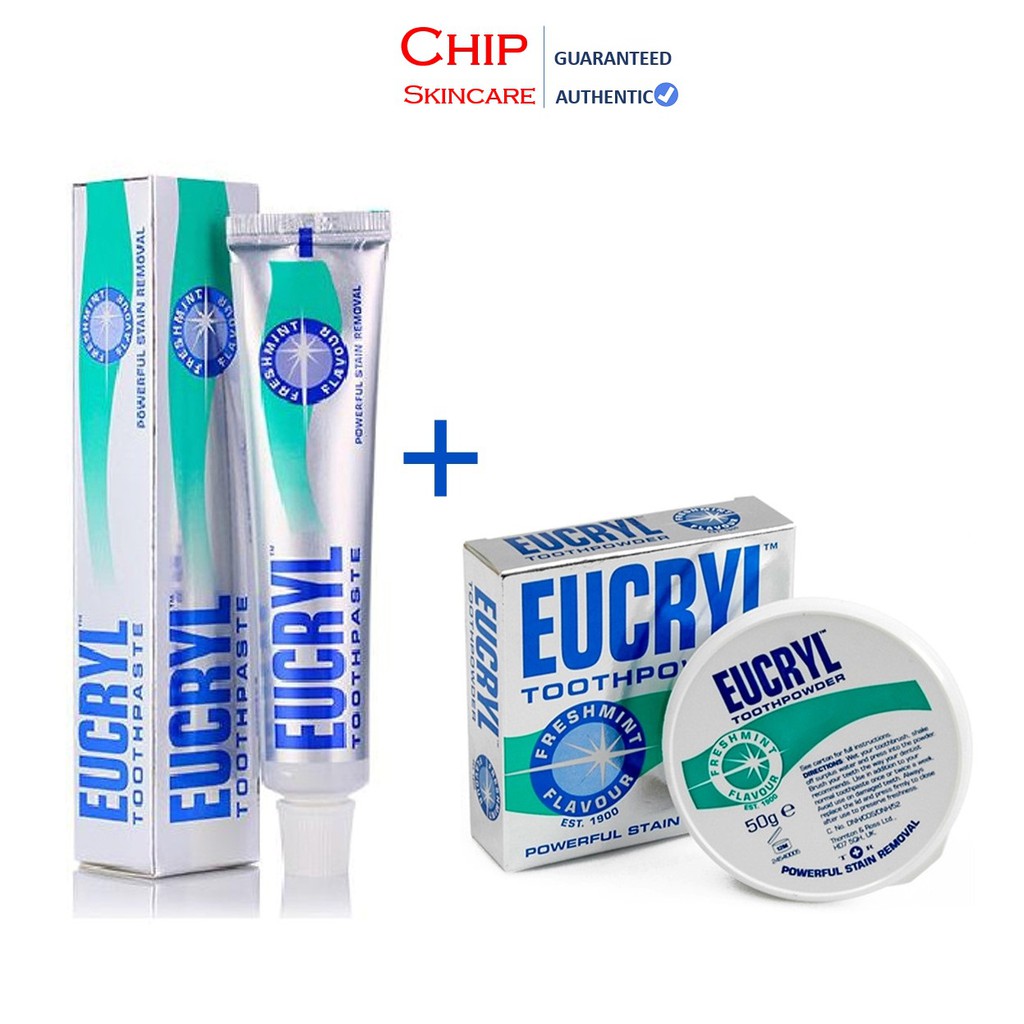 Combo 2 Món Kem và Bột Trắng Răng Eucryl Tooth Paste Freshmint Hương Bạc Hà - Anh [ Combo Trắng Răng ]