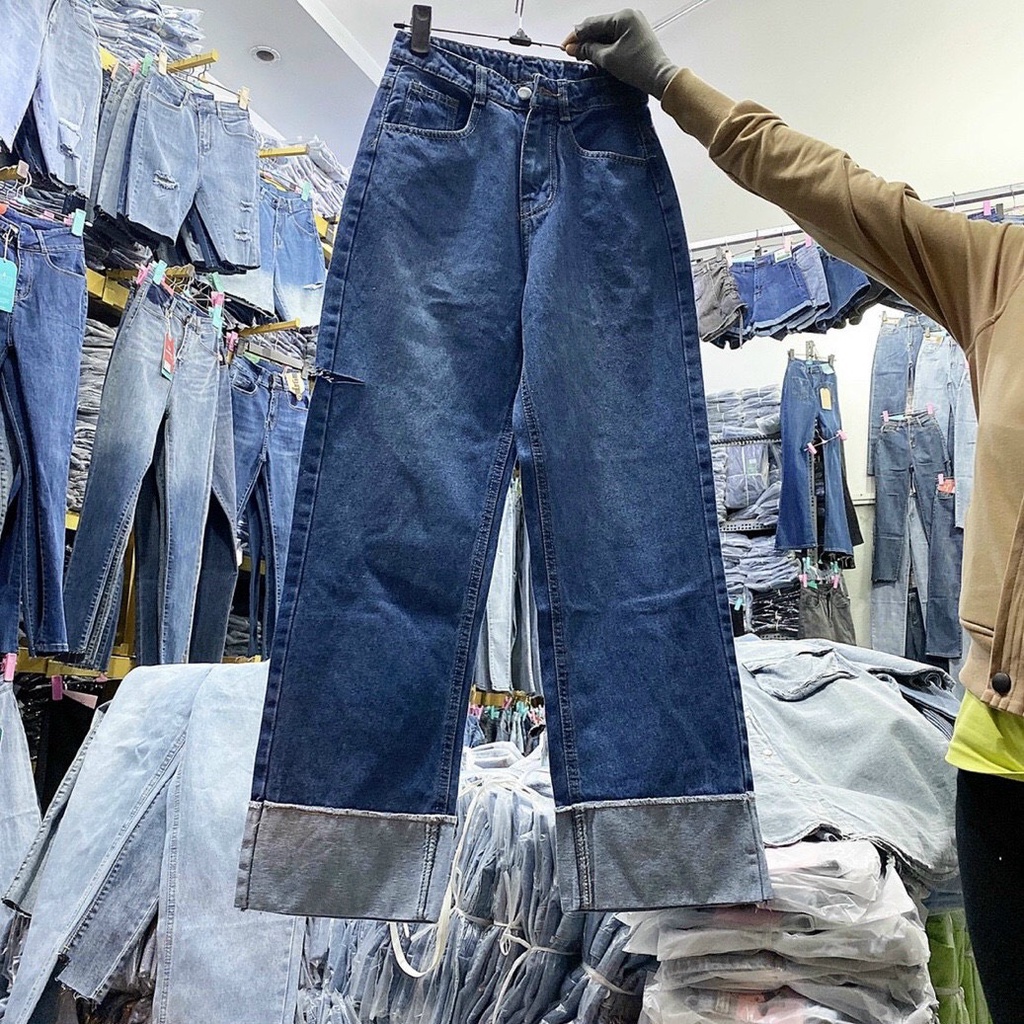 QUẦN JEANS ỐNG RỘNG NỮ LƯNG CAO GẬP GẤU MÀU XANH ĐẬM RÁCH BE PHẢI CAO MÀU XANH NHẠT XANH ĐẬM CHẤT VẢI DÀY DẶN NITIQC