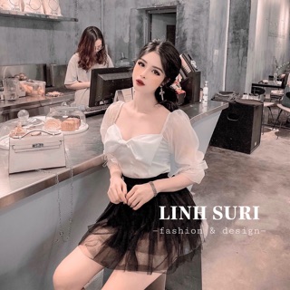 Áo lụa phối nơ + chân váy lưới tầng