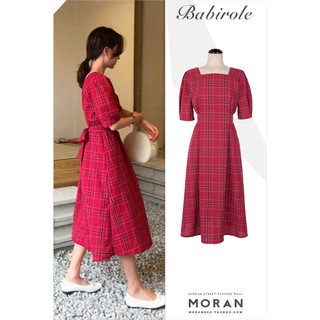 Váy kẻ cổ vuông thắt eo MORAN (ORDER)