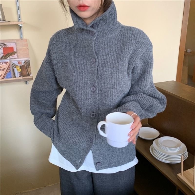 Áo khoác Cardigan dệt kim dày cổ lọ dáng rộng thời trang thu đông cho nữ