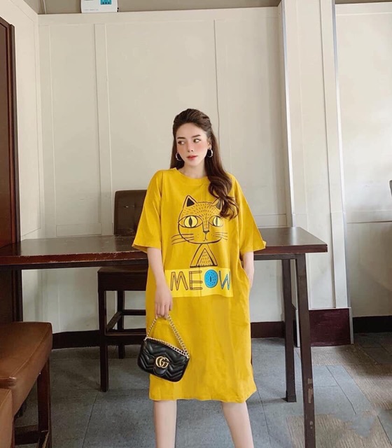 Đầm suông-Váy suông chất cotton in hình MÈO kute size 40-75kg (không túi) | BigBuy360 - bigbuy360.vn
