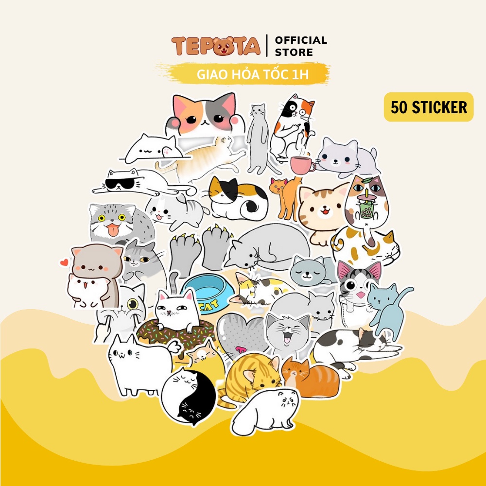 Set 50 Sticker Mèo Xám TEPOTA Dễ Thương Graffiti Trang Trí Thủ Công Không Thấm Nước Dán Mũ Bảo Hiểm, Xe, Laptop ST01