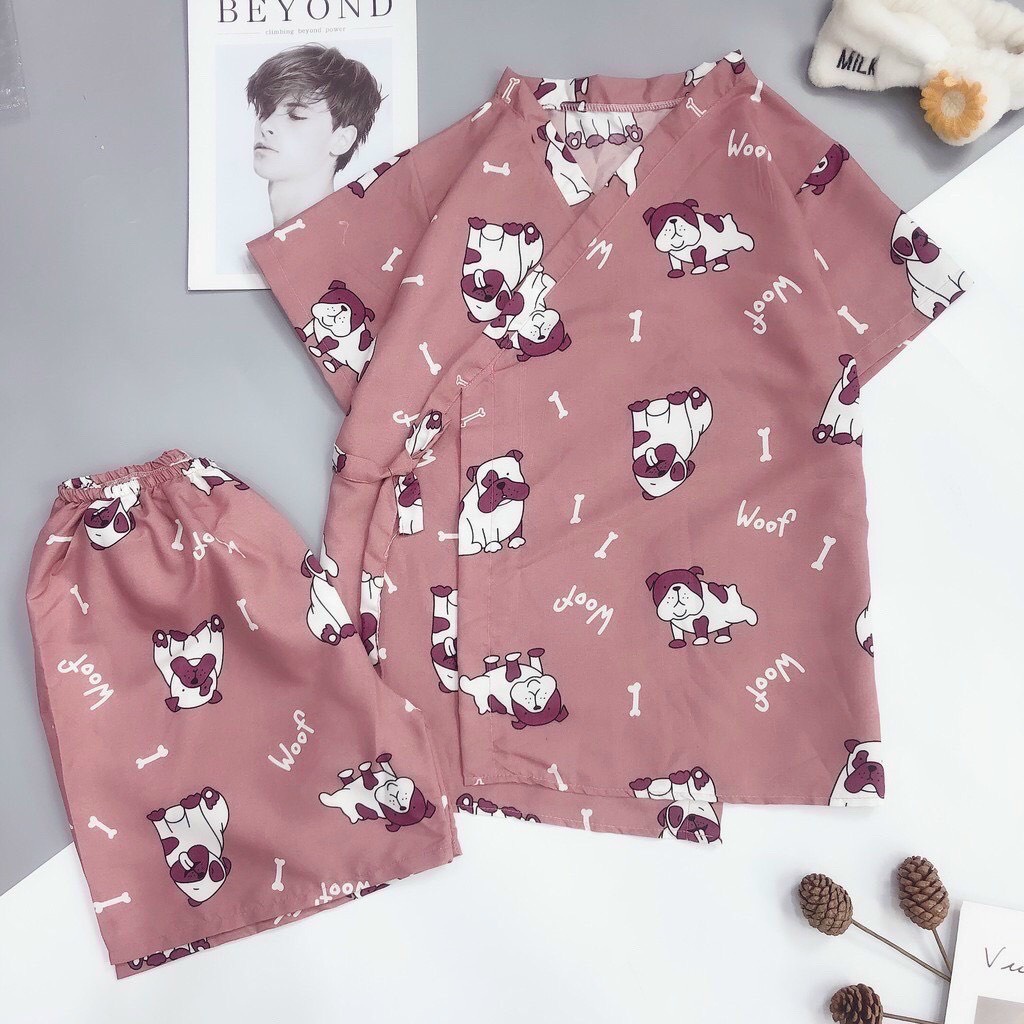 Bộ Đồ Ngủ Nữ Mặc Nhà Ngắn Tay Pijama Kimono Cộc Tay Vạt Chéo Họa Tiết Dễ Thương
