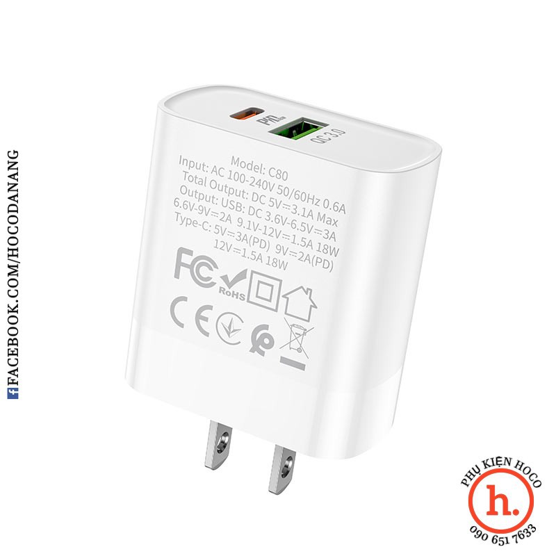 Cốc củ cục sạc nhanh 18w hoco c80 c76 2 cổng usb type c pd qc3.0 cho iphone ipad android sony lg [phụ kiện hoco]