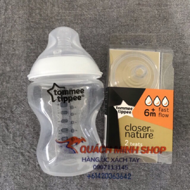 Combo Bình 260ml và Núm ti 6m TOMMEE TIPPEE - Hàng Úc