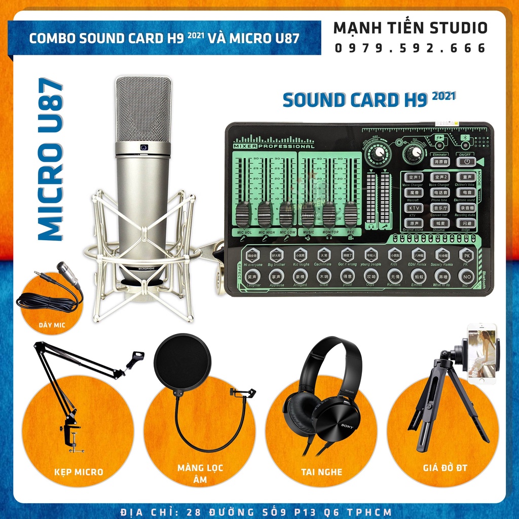 Combo thu âm livestream karaoke Sound Card H9 2021 Và Micro U87-MA87 tặng kèm đầy đủ phụ kiện bảo hành 12 tháng