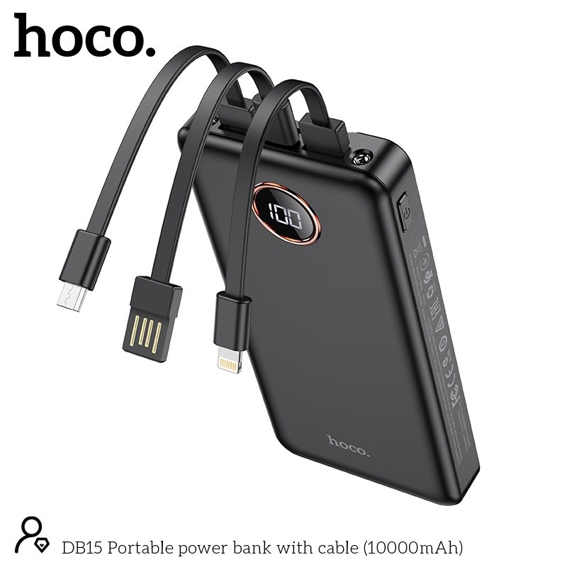 Pin sạc dự phòng Hoco DB15 10000mAh 2 input, 2 output, kèm 3 cáp sạc, chức năng đèn pin (Đen) - Nhất Tín Computer