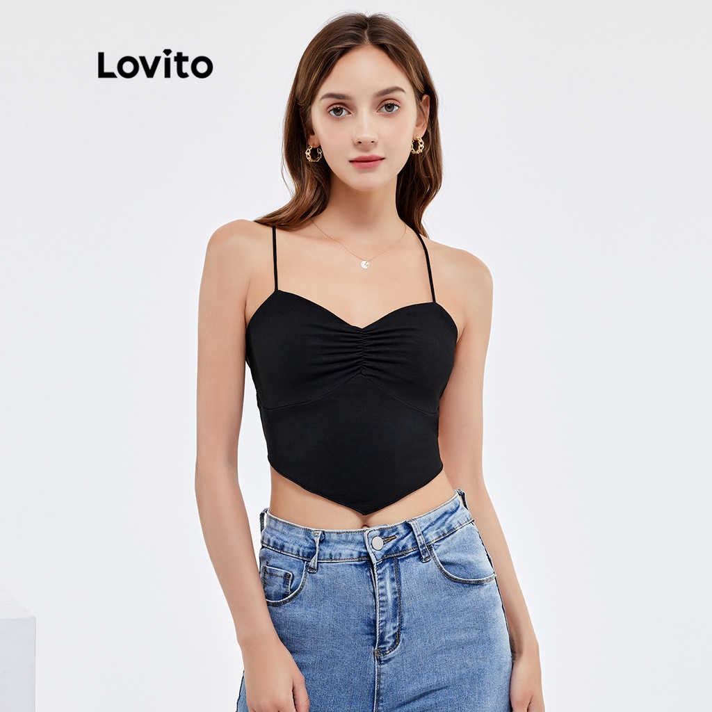 Áo sơ mi Lovito Cổ điển Trơn không đối xứng Đường viền ren chéo Lên phía trên Xe tăng không có lưng L25AD135 (Đen)