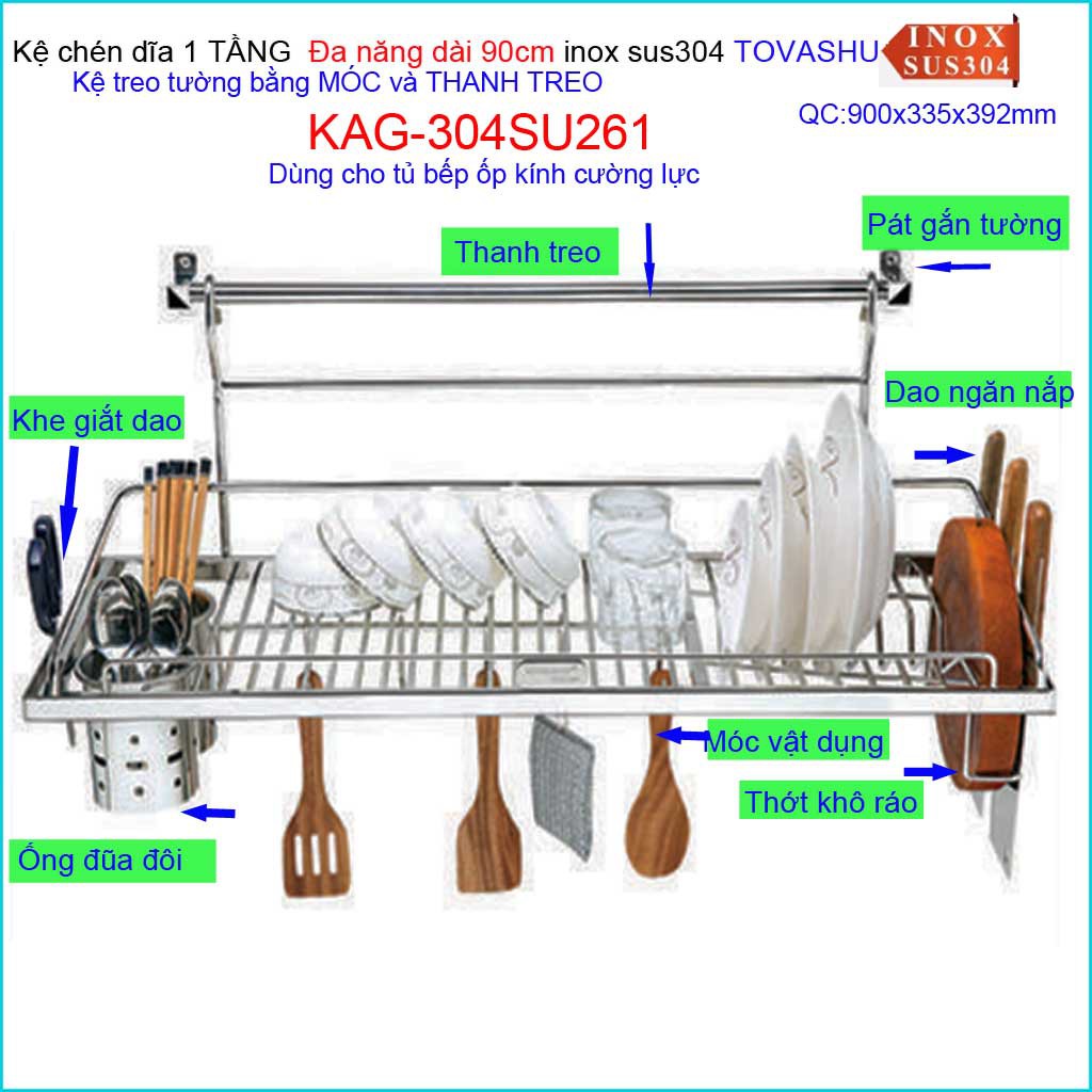 Kệ đựng chén bát Inox Tovashu, kệ chén dĩa inox 304 Nhật Bản 90cm, kệ chén dĩa  có móc treo KAG-304SU261