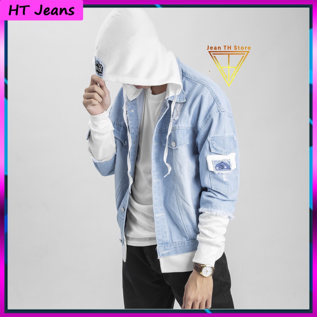 Áo Khoác Jean Bò Xanh Đen Phối Mũ cá tính phong cách ulzzang chống nắng - HT