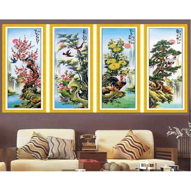 Tranh thêu kín Tùng Cúc Trúc Mai KT:146x100cm(MN0120.thêu kín )