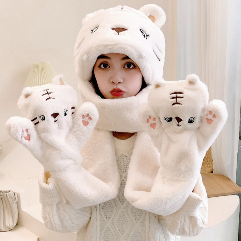 Khăn Choàng Lông Cừu Có Mũ Trùm Đầu Kèm Găng Tay Giữ Ấm Tiện Lợi