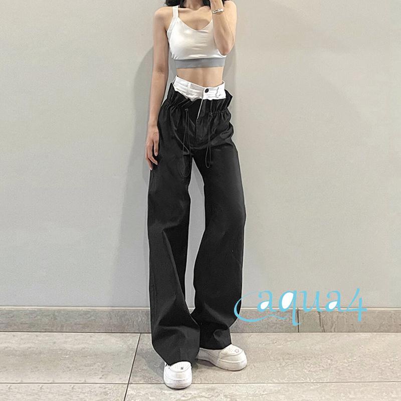 Quần Dài Lưng Cao Ống Rộng Màu Đen Phối Dây Rút Thời Trang Xuân Cá Tính Cho Nữ