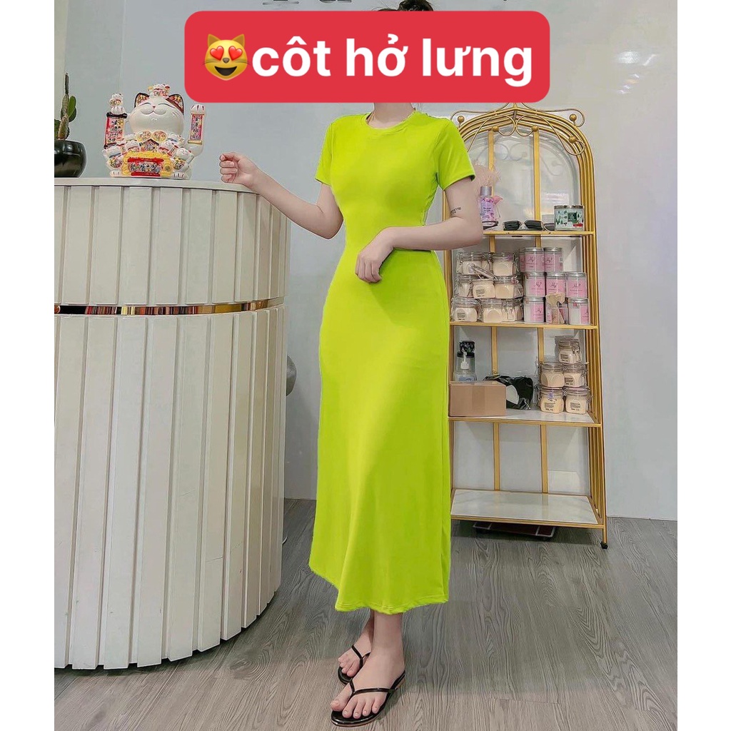 Đầm dáng dài cổ tròn tay ngắn hở lưng buộc dây xinh