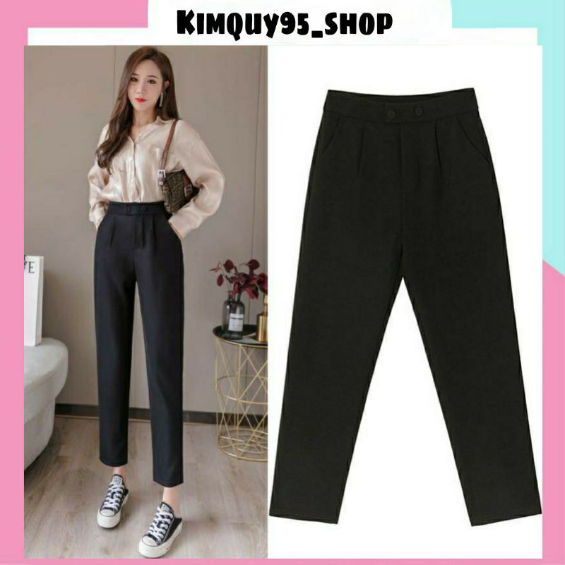 Quần tây đen công sở nữ dài 2 khuy bấm - dáng quần baggy - ống đứng vải công sở dày mềm | BigBuy360 - bigbuy360.vn