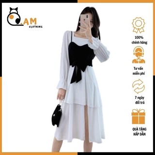 Váy nữ trắng xẻ chân cá tính kèm yếm nơ đen chất liệu đũi ngoại mềm mịn 8.AM clothing