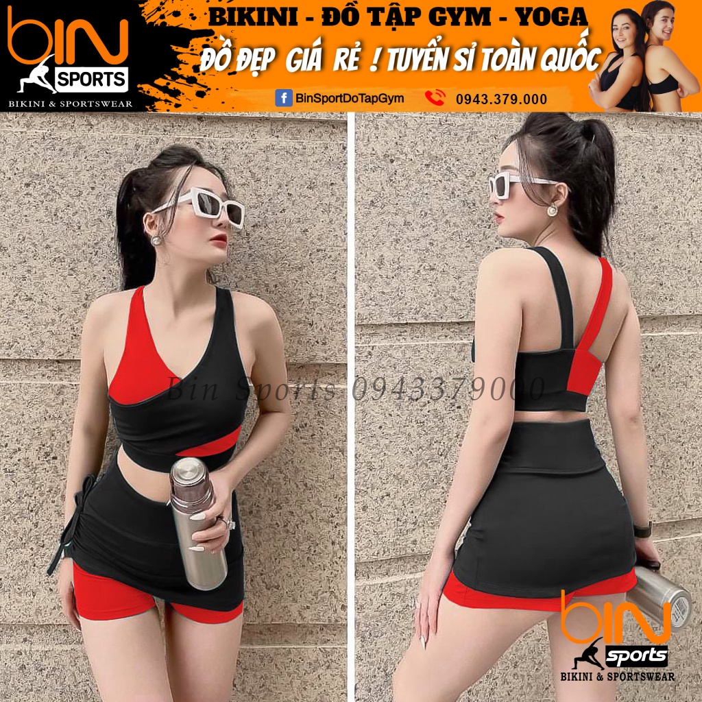 Đồ tập gym nữ, set bộ đùi thể thao phối màu áo bra kèm mút quần đùi váy dây rút Bin Sports BN037