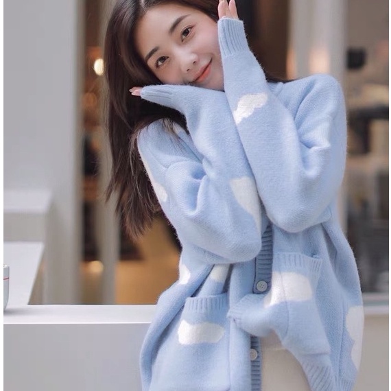 Áo cardigan Forgirl cổ tròn họa tiết đám mây cực cute