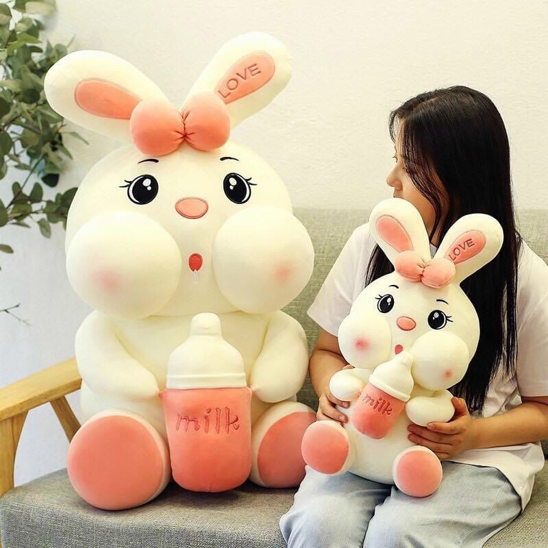Gấu Bông Thỏ Mũ Tím - Ôm Bình Sữa - Thỏ Nhồi Bông Hama