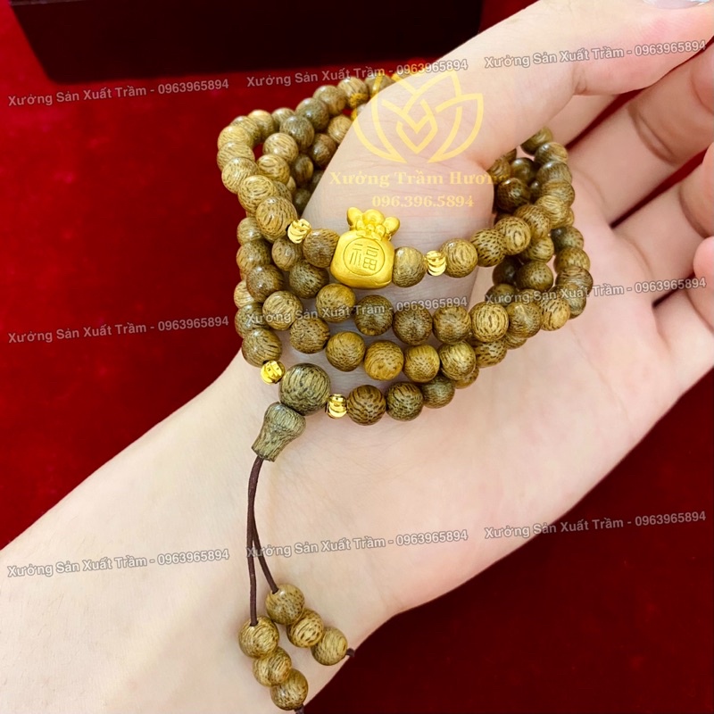 Chuỗi Trầm Hương 108 hạt mix Charm Túi Tiền Bạc 925 Phủ Vang - SIZE 6mm- Vòng tay gỗ nam nữ tự nhiên - Tốc &amp; Sánh