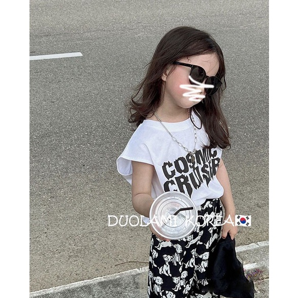Bộ Áo Sát Nách In Chữ + Quần Thiết Kế Hoạt Hình Phong Cách Hàn Quốc Cho Bé Gái