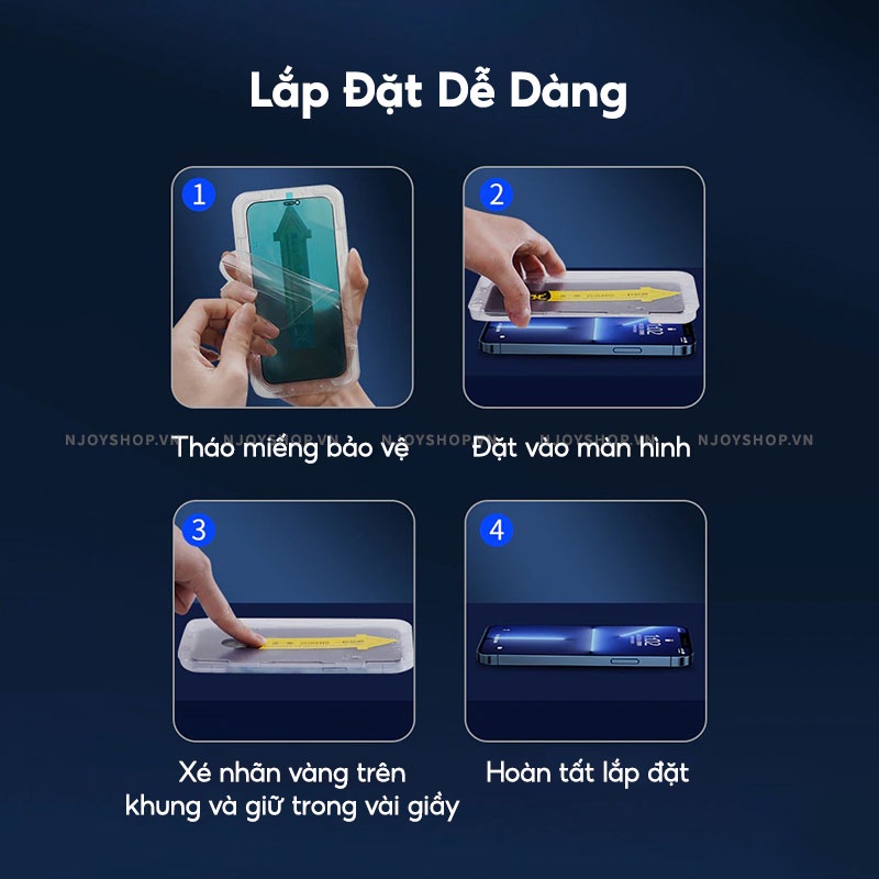 Kính Cường Lực Autofit Kèm Khung Hỗ Trợ Tự Dán Trong 30s Chống Trầy Xước Cho iPhone 11 12 13 14 15 Pro Max Njoyshop