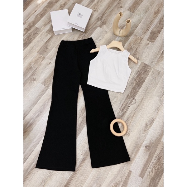 SET ÁO BA LỖ CROPTOP TRẮNG + QUẦN ĐEN ỐNG LOE NHẸ