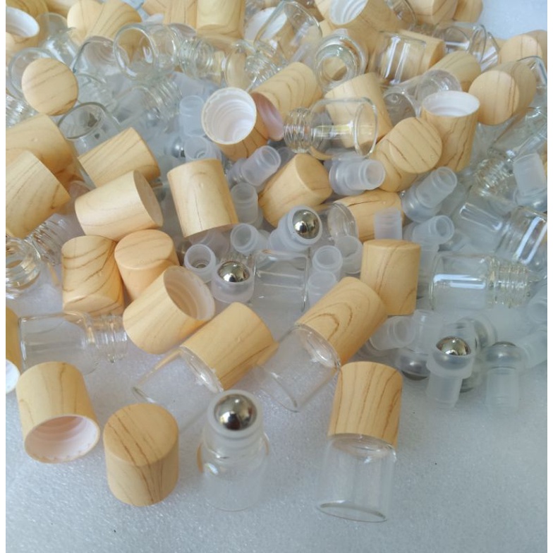 Bộ 10 chai thủy tinh trong suốt 1ml mini bi lăn thép cao cấp 2022 nắp vân gỗ đẹp dễ thương sang trọng dùng đựng nước hoa