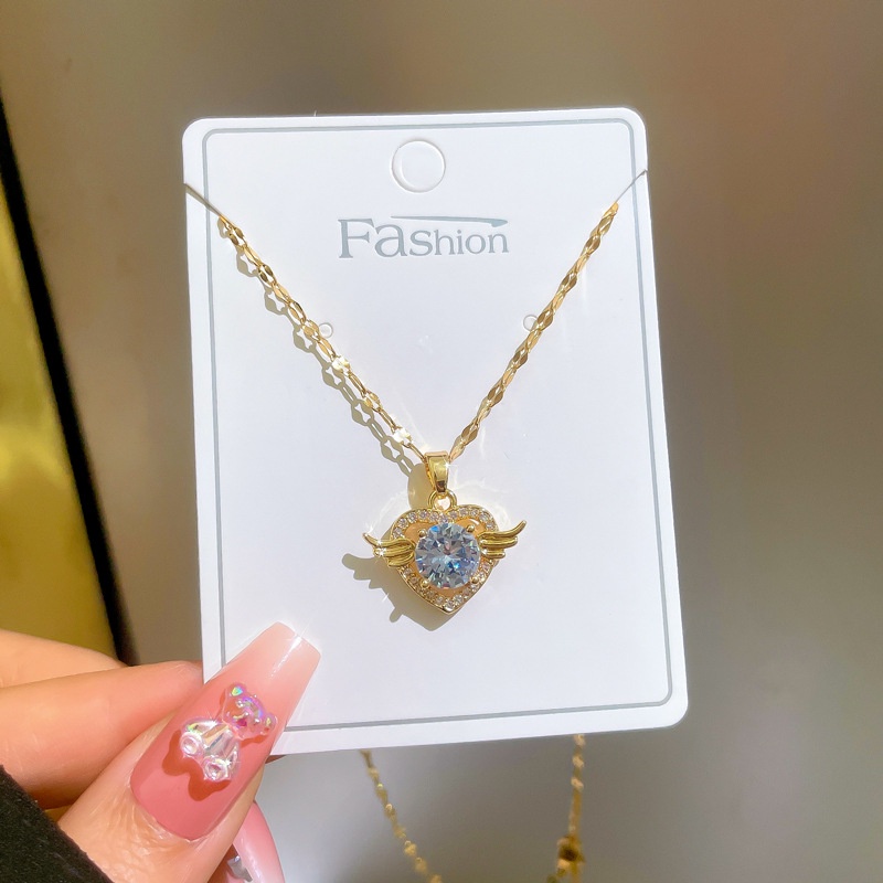 Vòng cổ Mặt Hình Đôi Cánh/ Trái Tim Đính Đá Bằng Titan Chống Nước Không Gây Dị Ứng