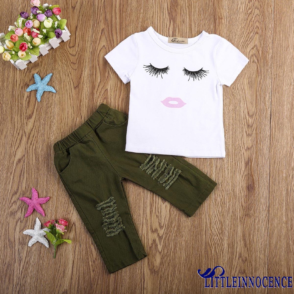 ❤XZQ-Newborn Kids Baby Girls Eyelash Tops T-shirt +Hole Hot Pants Outfits Set Clothes