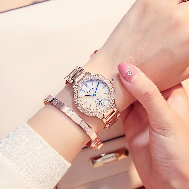 Đồng hồ nữ GUOU 8141 HÀNG CHÍNH HÃNG dây kim loại size 30mm chạy kim rốn
