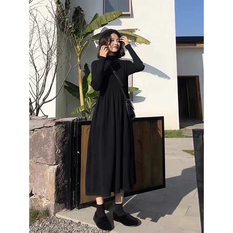 Váy len cổ cao dáng babydoll xòe dài điệu đà nhẹ nhàng mùa đông  nhiều màu
