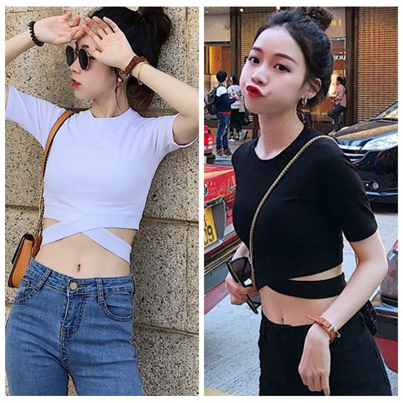 Women's Round Neck Short Sleeve Solid Color Crop Top