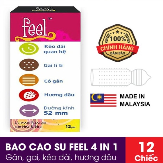 Bao cao su gai siêu mỏng kéo dài thời gian Feel 4 in 1 chính hãng hộp 12 cái Nakisa