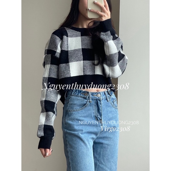 [HÀNG SẴN]ÁO LEN CROPTOP KẺ CARO cổ tròn hàng Quảng Châu | BigBuy360 - bigbuy360.vn