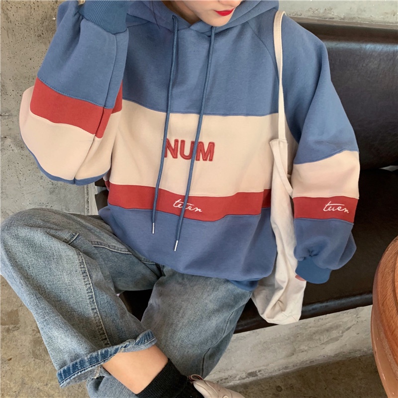 IELGY  Áo Hoodie Tay Dài Dáng Rộng Lót Nhung In Chữ Thời Trang Cho Nữ